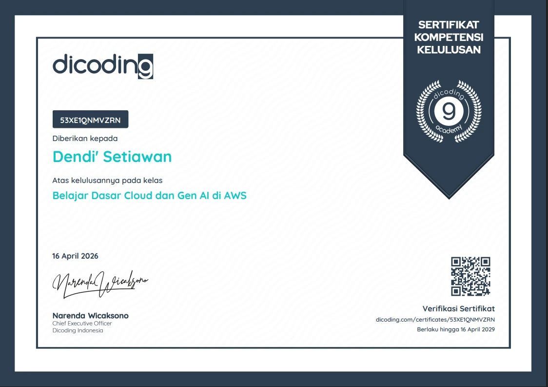 Certificate image for Belajar Dasar Cloud dan Gen AI di AWS