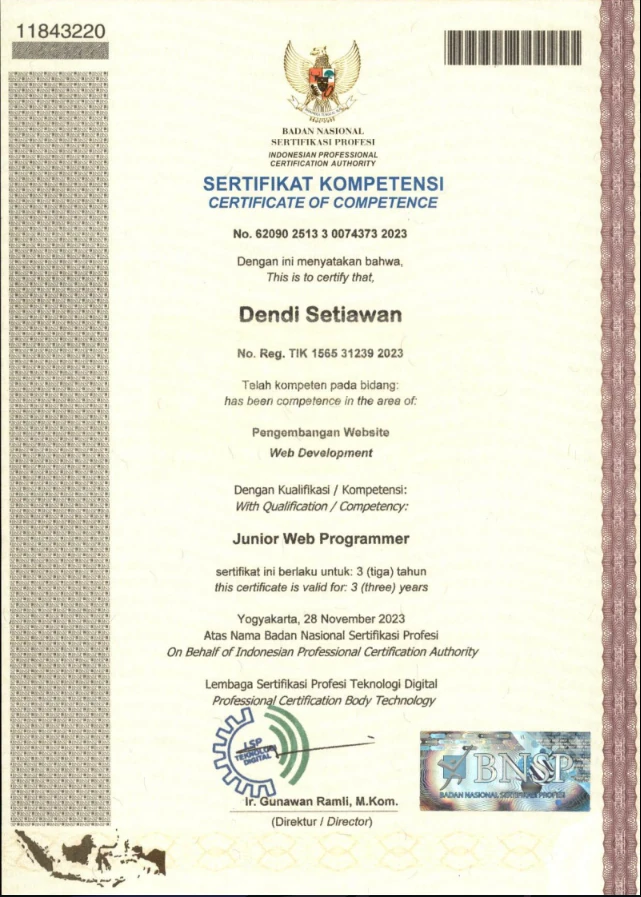 Certificate image for Junior Web Programmer (BNSP)