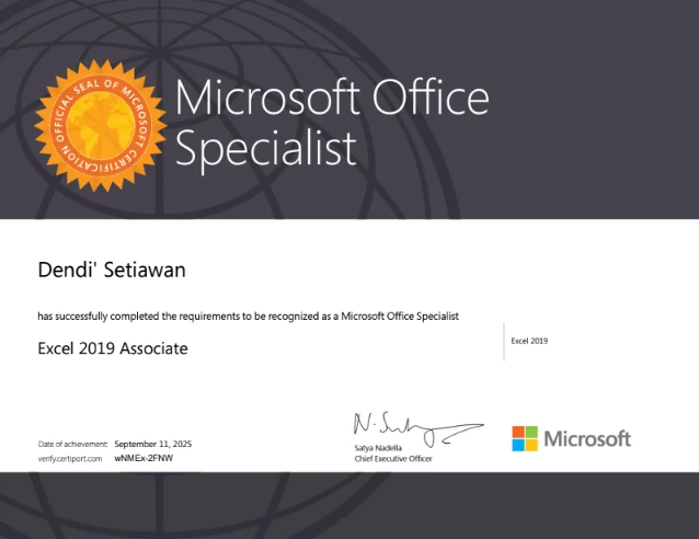 Certificate image for Microsoft Office Specialist - Excel 2019